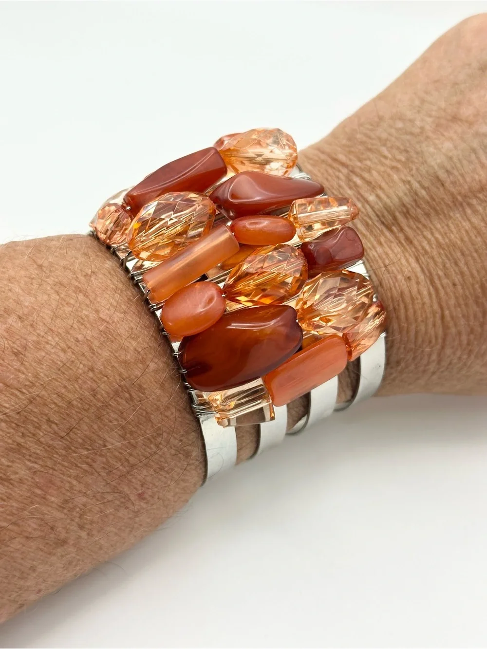 Vintage Carnelian Nugget & Amber Toned Resin Stone Silvertone Cuff